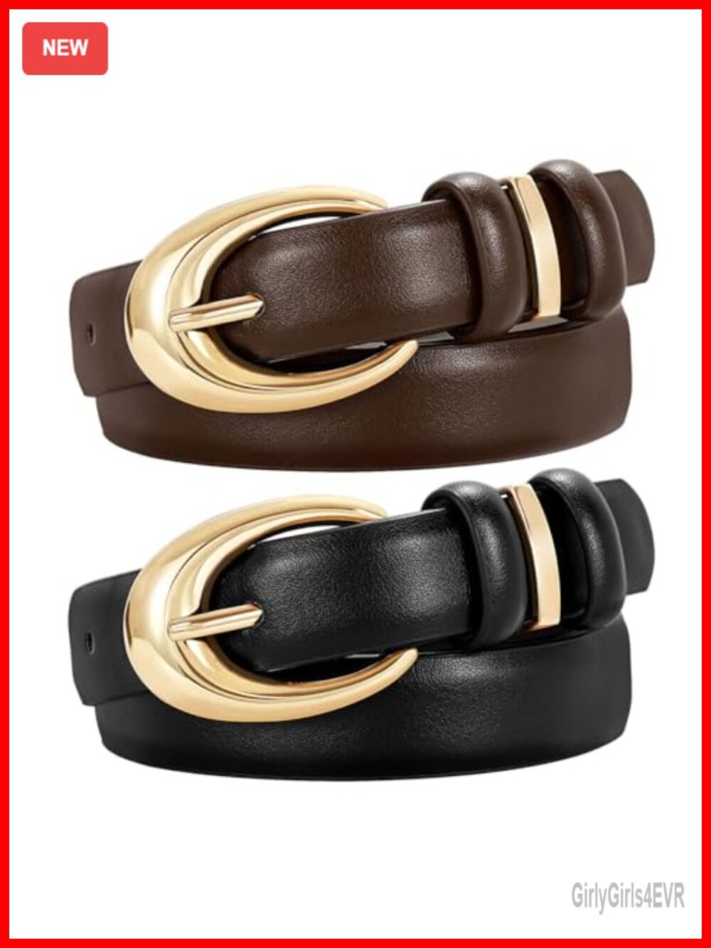 2 Pack Women Faux Leather Belt Gold Buckle Slim Jeans Pants Casual